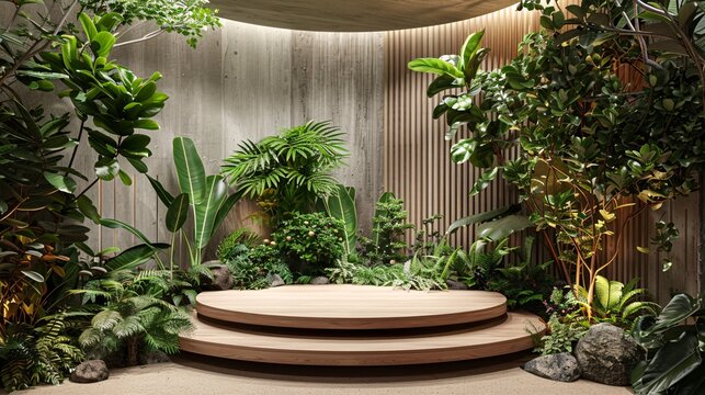 5. A meticulously detailed 3D rendering of a naturalism podium integrated with a variety of plants. The scene's minimalist background highlights the podium and foliage, creating a peaceful and