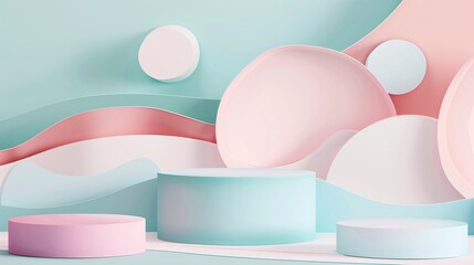 2. Adorable vector background with a paper cut design, showcasing geometric pastel color elements, ideal for a 3D rendered podium for cosmetic or product displays, creating a whimsical and modern