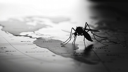 Black mosquito silhouette on a world map with a white background. Ideal for World Mosquito Day banners and designs. Dark, black-and-white illustration with copy space.