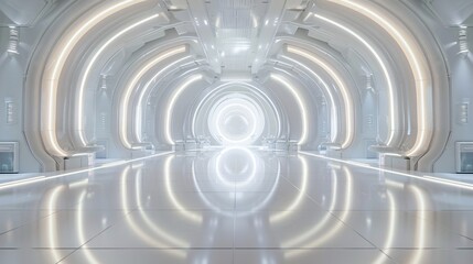 Obraz premium 3. Bright and airy 3D rendered hall with a futuristic sci-fi feel, characterized by its light white walls and integrated lighting, creating a spacious and modern environment