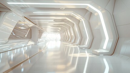 Obraz premium 3. Bright and airy 3D rendered hall with a futuristic sci-fi feel, characterized by its light white walls and integrated lighting, creating a spacious and modern environment