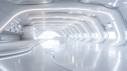 Fototapeta premium 4. Vast futuristic white studio room with sci-fi inspired lighting and design elements, rendered in 3D to highlight the expansive and pristine space