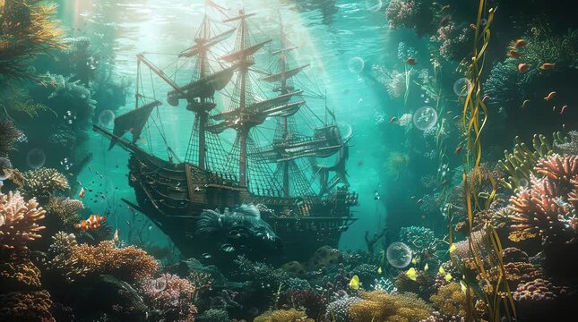 Abandoned ship on the sea ground in a fantasy underwater landscape, creating an eerie and mystical atmosphere
 Seamless looping 4k time-lapse virtual video animation Generated AI