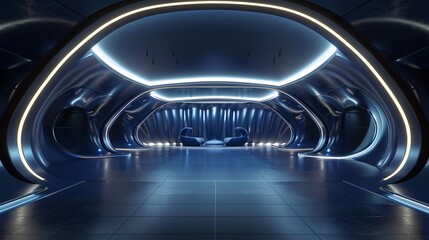 1. Elegant 3D rendering of a futuristic room in deep navy blue colors, featuring sophisticated lighting that creates a stunning background for product presentation