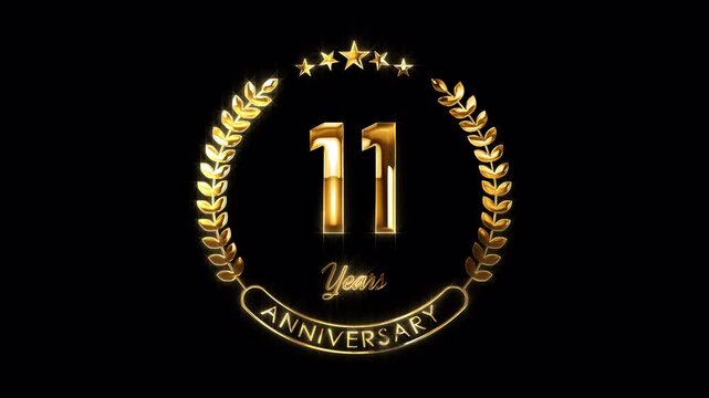 11th Anniversary Celebration. Happy 11 Years Anniversary Animation in Gold Color on the Transparent Background, Alpha Channel. Great for greetings, celebrations, events, and gifts.