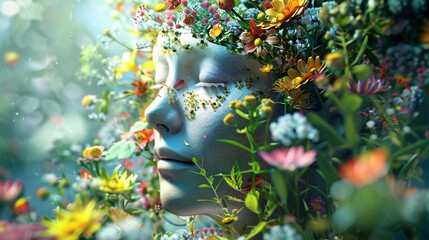 3. Creative 3D illustration of a joyful female face with an internal garden of flowers, highlighting mental health awareness, mindfulness, and the power of positive thinking