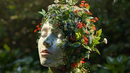 4. Lively 3D rendering of a cheerful female head with a lush, blooming garden inside, symbolizing the importance of self-care, mental health, and a positive outlook on life