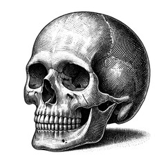 Digital artwork of a human skull, featuring detailed line art, engraving style on a transparent...