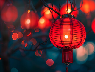Festive Chinese Lanterns Illuminating a Rainy Street at Night