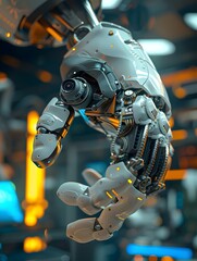 Fototapeta premium Close-up of a highly detailed robotic hand featuring intricate mechanisms, gears, and sensors, illuminated with orange and blue lights, set against a high-tech laboratory backdrop.