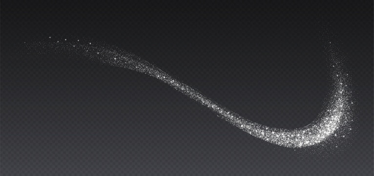 Silver glitter splash, shiny star dust explosion, shimmer spray effect, festive holiday particles isolated on a dark background. Vector illustration.