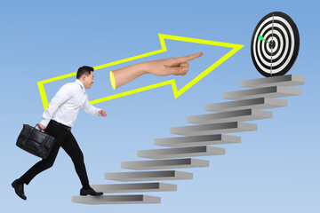 Targeting, creative art collage. Hand in arrow showing businessman way to bullseye on top of stairs