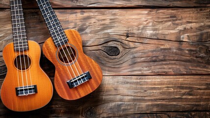 Fototapeta premium Two wooden ukuleles on rustic background