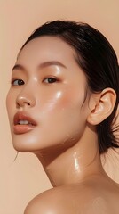 Young Asian woman with clean, glowing skin on a beige background, highlighting her natural radiance