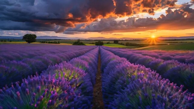 Vast purple lavender fields bathed in the warm glow of a summer sunset create a breathtaking landscape