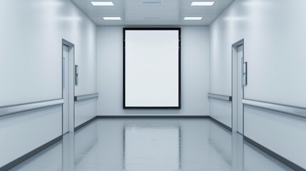 A blank advertisement frame in a busy hospital hallway, ready for important messages, banner, with copy space