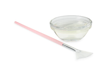 Bowl of chemical peel and brush isolated on white. Peeling procedure