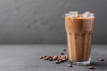 A chilled Thai Iced Coffee served in a tall glass with ice cubes, banner, with copy space