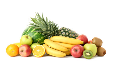 Many fresh ripe fruits isolated on white