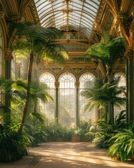 Vitrage gordijnen Victorian Conservatory with Palms and Exotic Plants


