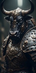 Warrior monster bull with armor, fantasy character in cinematic view background, vertical orientation.