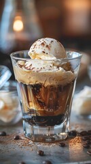 Close-up of coffee affogato with vanilla ice cream in a clear cocktail glass