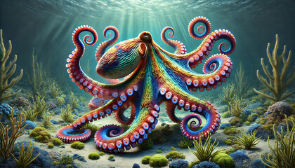 Fototapeta premium A striking, multicolored octopus extends its tentacles in a vibrant coral reef, surrounded by diverse marine life and plants. 