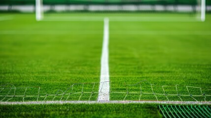 Obraz premium A professional pitch with precise markings and goalposts, banner, with copy space