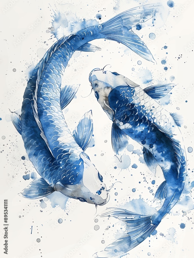 Wall mural A blue and white illustration of koi fish in watercolor style. 