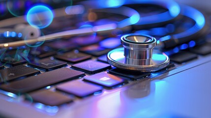 Stethoscope on a laptop keyboard, with blue bokeh lights.