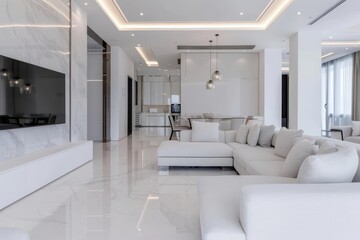 A spacious living room with sleek furniture and neutral tones, banner, with copy space