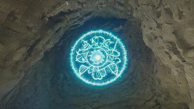 Ancient glyphs glowing in a deep underground cave casting a spellbinding spell on anyone who sets eyes on them.