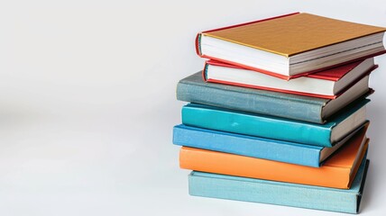 Colorful stack of various books on white background