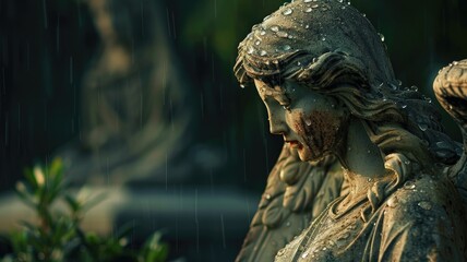 Obraz premium Serene angel statue in rain, showing signs of age