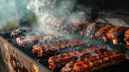 Deliciously smoked ribs cooking on outdoor barbecue grill, covered in sauce, with smoke rising