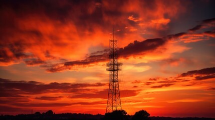 Naklejka premium telecommunications tower silhouetted against a fiery sunse ,generative ai