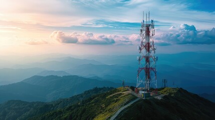 Telecommunication towers on top of mountain   with beautiful white cloud and blue sky ,generative ai