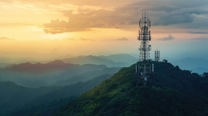 Telecommunication towers on top of mountain   with beautiful white cloud and blue sky ,generative ai