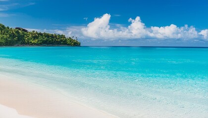 Naklejka premium Beautiful tropical summer beach, white sand and blue sea waves, nature background, vacation in paradise concept for tourism, vivid colorful.