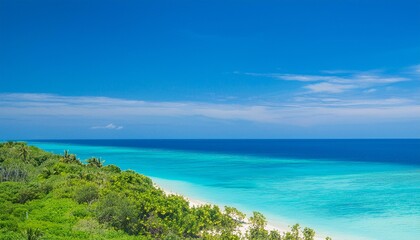 Obraz premium Beautiful tropical summer beach, white sand and blue sea waves, nature background, vacation in paradise concept for tourism, vivid colorful.
