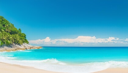 Fototapeta premium Beautiful tropical summer beach, white sand and blue sea waves, nature background, vacation in paradise concept for tourism, vivid colorful.