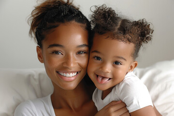 Obraz premium Mom and baby smile and play. African American family