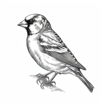 recommend clip art: Black and white Vintage engraved art of a goldfinch isolated on white background, ink sketch illustration, simple vector art design, highly detailed line art, high contrasty