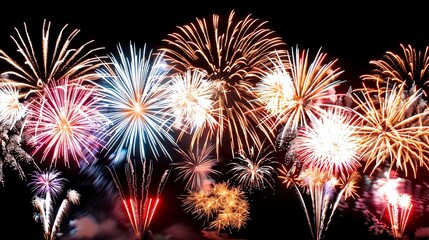 Fototapeta premium Celebration of Lights, a vibrant display of colorful fireworks illuminating the night sky, each burst adding excitement to festive gatherings and special occasions.