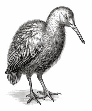 recommend clip art: Black and white Vintage engraved art of a kiwi isolated on white background, ink sketch illustration, simple vector art design, highly detailed line art, high contrasty