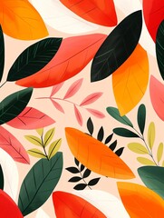 Autumn Garden, vibrant leaves in rich reds, oranges, and greens arranged harmoniously on a soft pastel background, capturing the essence of falls beauty and warmth.