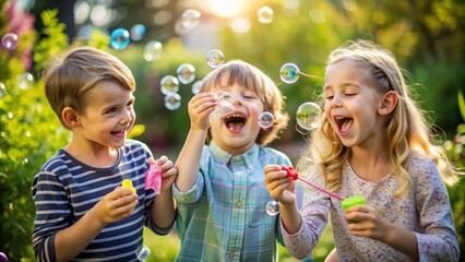 Fototapeta premium A playful scene of siblings taking turns blowing bubbles, their laughter frozen in a candid moment.