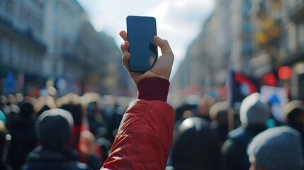 Hand Holding Smartphone at Outdoor Event in Urban Street Setting