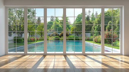 Fototapeta premium Big window with four panes overlooking backyard pool and garden