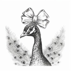 Fototapeta premium Black and white Vintage engraved art of a peacock with a bow, isolated on white background, ink sketch illustration, simple vector art design, highly detailed line art, high contrasty. 